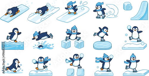 Playful Penguin Ice Skating and Sliding Icon Set with Fun Winter Activities, Slips, Slides, and Playful Snowy Moments.