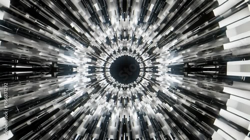 Futuristic Abstract Tunnel Metallic Geometric Shapes with Radial Symmetry Glowing Light Dynamic