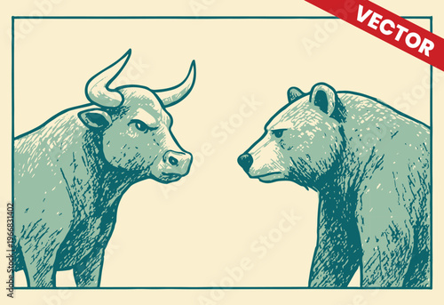 Vintage Bull and Bear Head Profile Illustration for Stock Market Finance Concept and Wall Street Trading Background Vector