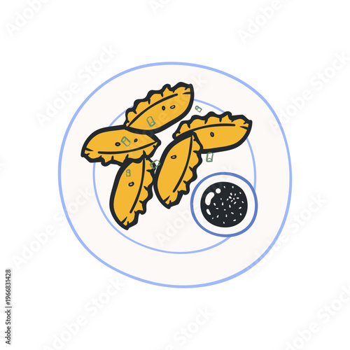 Hand drawn gyoza dumplings on plate with soy sauce. Vector line art illustration of traditional asian food, japanese potstickers or chinese dim sum for restaurant menu design.