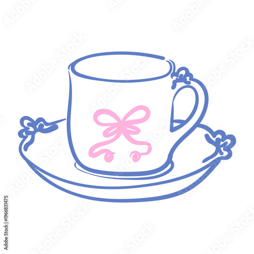Hand drawn teacup and saucer with bow decoration. Vector line art illustration of ceramic cup for tea party, cafe menu, or cozy home interior design.