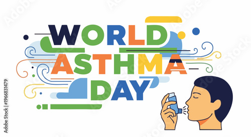 Asthma awareness colorful illustration with person inhaling from asthma inhaler for health campaign