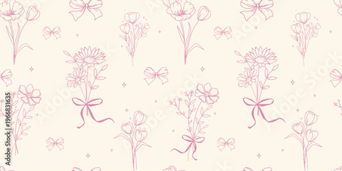Seamless floral pattern with hand drawn line art flowers and bows, delicate botanical elements, minimal pink outline, repeating background for fabric, wallpaper, stationery design. Vector illustration