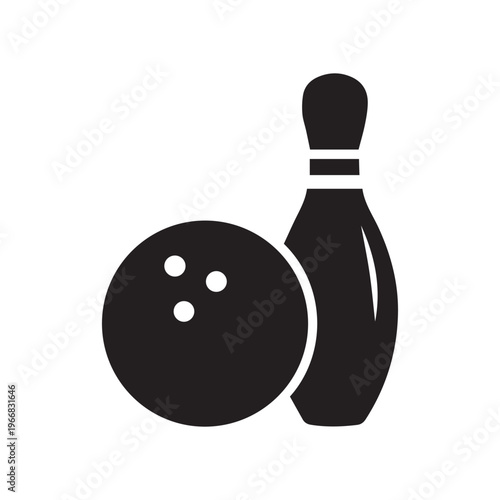 Black bowling ball and pins 3d illustration for sport game activity silhouette vector on white background
