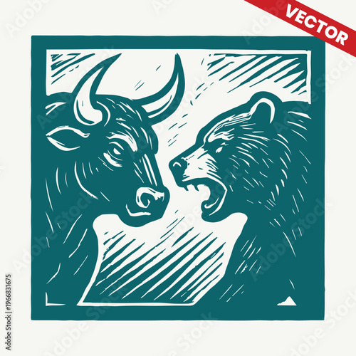 Stylized Engraved Bull and Bear Fighting Scene with Dramatic Hatching Lines for Financial Report Cover and Stock Market Volatility Concept Design Vector Illustration of Global Economy Forces