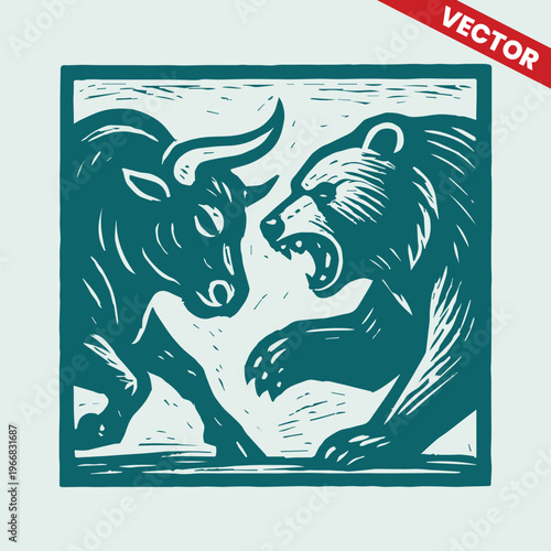 Linocut Woodcut Style Bull and Bear Battle Illustration for Financial News and Stock Market Analysis Abstract Square Composition of Economic Forces and Market Volatility Vector Artwork