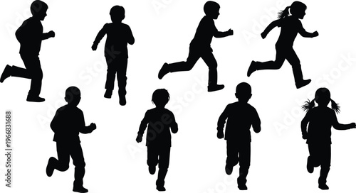 Children Running Silhouettes on White Background