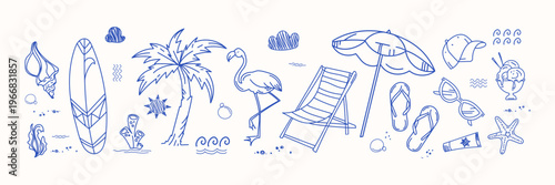 Summer beach doodle set with hand drawn line icons including palm tree surfboard flamingo deck chair umbrella flip flops starfish seashell tropical vacation elements minimal blue outline design.Vector