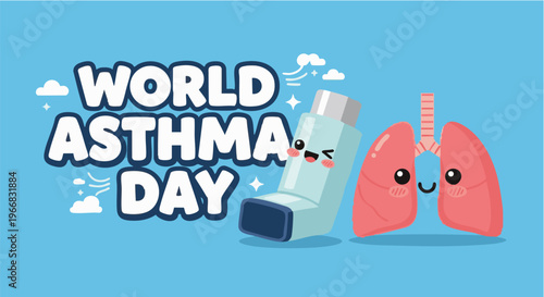Asthma awareness cartoon lungs with inhaler in playful happy lighting for health campaign