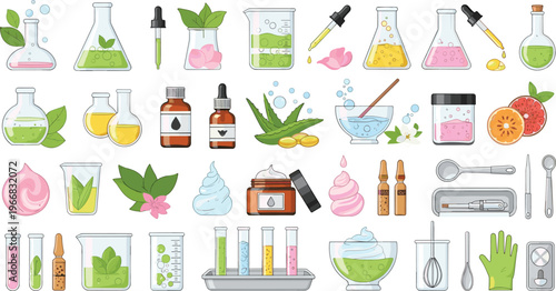 Natural Cosmetics and Herbal Skincare Icon Set with Essential Oils, Beauty Products, Organic Ingredients, Laboratory Bottles, and Wellness Treatment Elements.