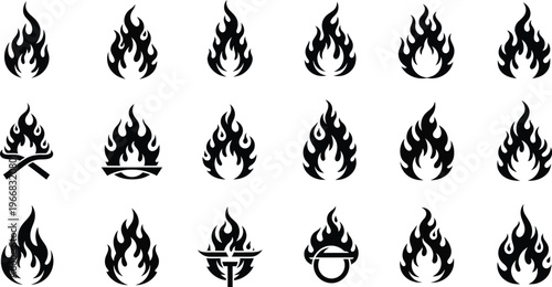 Black Flame Icons on White Background