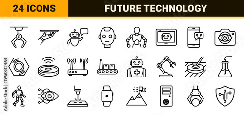 Minimalist Robotic Devices and Artificial Intelligence Line Art; Geometric Automation Symbols for High-End Interface Design and Tech Apps.