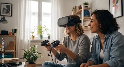 Women Using Virtual Reality Headset for Gaming or Experiences at Home