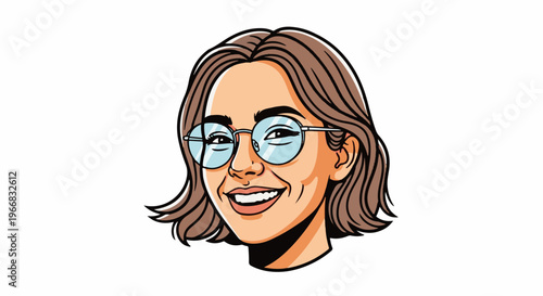 A stylized cartoon portrait of a young woman with brown hair and glasses