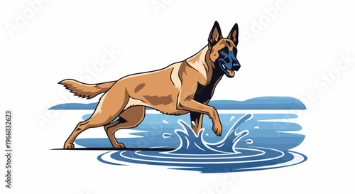 A stylized canine strides through blue water with splashes