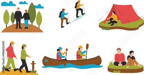 Flat vector illustration set of people enjoying outdoor activities like hiking, camping, rowing, and trekking in nature for adventure.