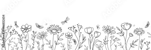 Hand drawn wildflower seamless border with delicate line art flowers and botanical elements growing in a horizontal meadow composition elegant design for invitations banners and backgrounds.Vector