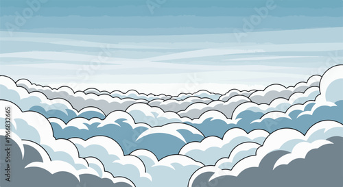 A stylized, cartoonish landscape of soft, fluffy clouds stretching to the horizon
