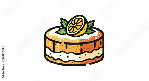 A stylized, cartoonish layered cake with a lemon slice and mint leaves