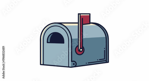 A stylized, cartoon-like, blue mailbox with a red flag