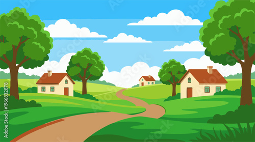 Cartoon rural landscape with houses, green hills, trees, and winding path