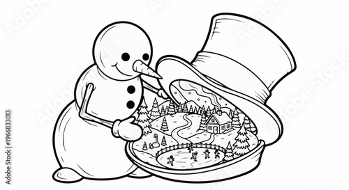 A snowman holds a hat with a miniature winter village inside