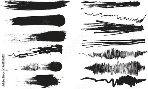 Vector grungy paint brush strokes collection of expressive black ink brush strokes and scribbled lines isolated on a clean transparent background for graphic design