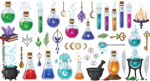 Magic Potion and Alchemy Elements Icon Set with Wizard Bottles, Spell Ingredients, Mystical Symbols, Fantasy Objects, and Enchanted Laboratory Tools.