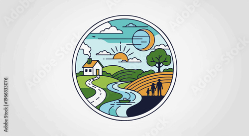 A stylized circular illustration depicts a serene rural landscape with a house, river, family, and celestial bodies