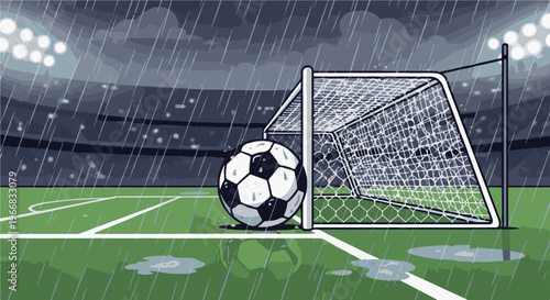 A soccer ball rests near a goal on a wet field during a rainy night game