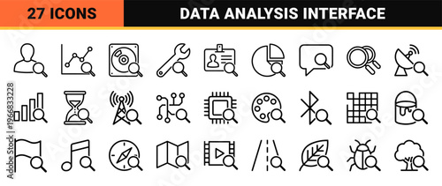 Data Analysis and Digital Forensic Inspection Monoline Outline Icons featuring Minimalist Geometric Search Concepts for Software UI.