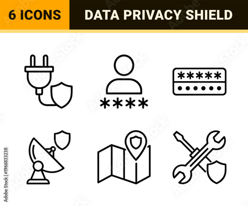 Cyber Security and Digital Privacy Protection Outline Icons featuring Minimalist Monoline Geometric Line Art for Secure Web Interface.