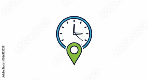 A stylized clock face with hands pointing to approximately 145 is superimposed over a green location pin