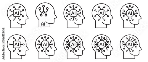 artificial intelligence human head line icons set, brain neural circuit network, technology vector outline collection on transparent background