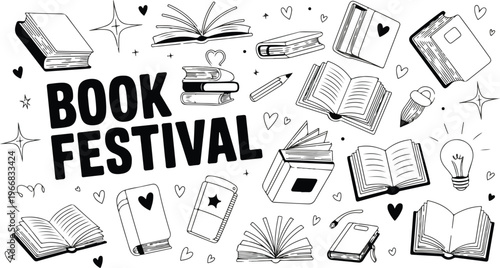 Black and white outline vector of book festival concept with scattered books and bold typography clean reading illustration set