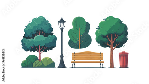 A serene park bench scene with trees and a lamppost under clear skies Vector