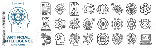 artificial intelligence line icons set, technology vector outline symbols, neural network, brain, data, machine learning elements on transparent background