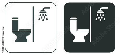 toilet and shower icon set, bathroom wc and water pictograms in rounded square panels, black and white vector sanitation symbols on transparent background