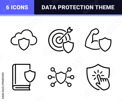 Cyber Security and Data Protection Shield Outlines, Minimalist Monoline Icons for Network Safety and Privacy Management Interface Design.