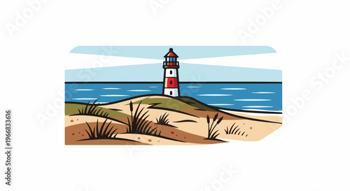 A striped lighthouse stands tall on a sand dune overlooking the ocean