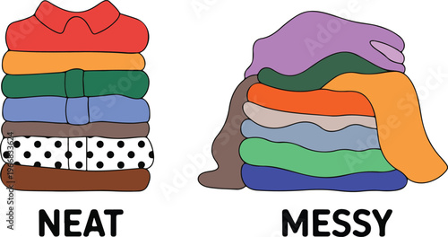 Vector illustration comparing neat folded clothes versus a messy pile of laundry for organization housework and decluttering concepts.