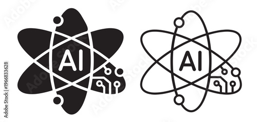 artificial intelligence atom line icons set, orbital structure with neural circuit, technology vector outline collection on transparent background