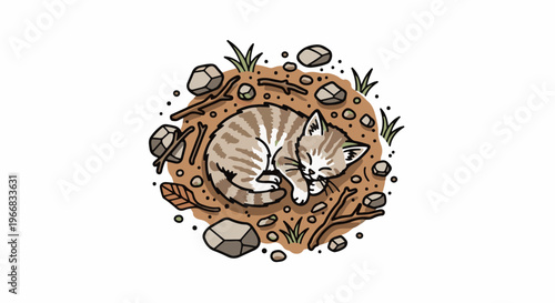 A striped kitten sleeps curled in a patch of dirt with rocks and sticks