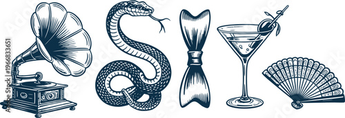 Vintage collection of a gramophone, snake, bow tie, cocktail, and fan