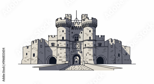 A pixelated medieval castle gatehouse with two towers and crenellated walls
