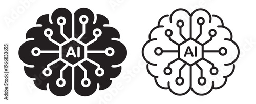 artificial intelligence brain chip line icons set, neural network circuit with processor core, technology vector outline collection on transparent background