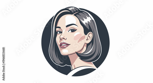 A stylish portrait illustration of a woman with short, dark hair and rosy cheeks