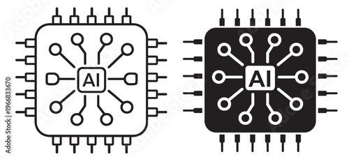 artificial intelligence microchip line icons set, processor with neural circuit network, technology vector outline collection on transparent background