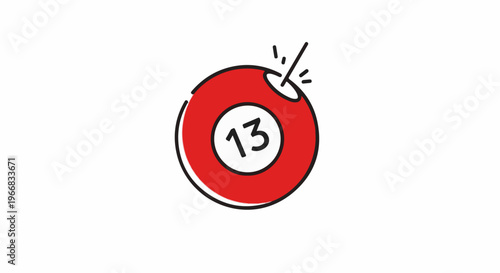 A red billiard ball with the number thirteen in a white circle and a line hitting it