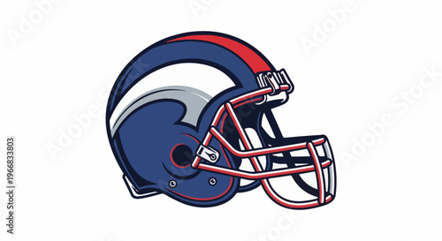 A stylized American football helmet in blue, red, and silver with a white stripe